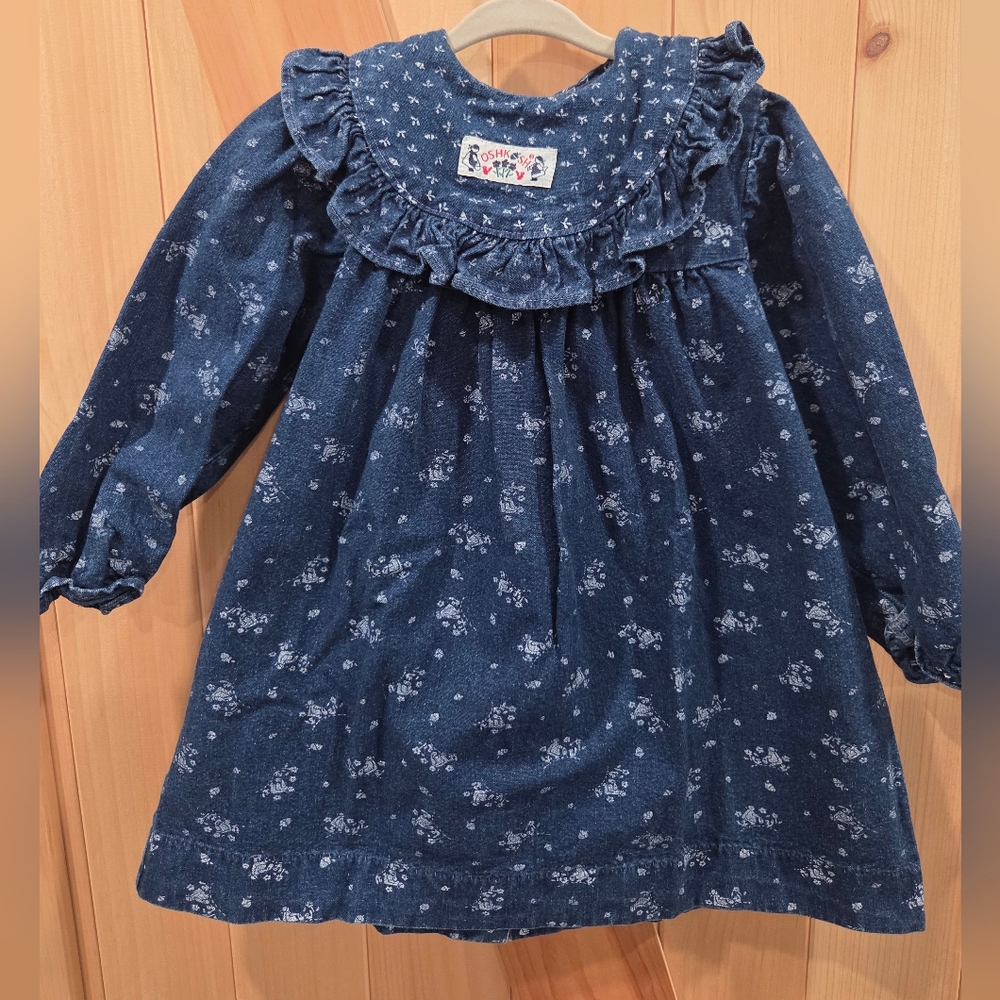 Rare Vintage Osh Kosh B'Gos Blue Denim Floral Toddler Dress w/ Peter Pan Collar